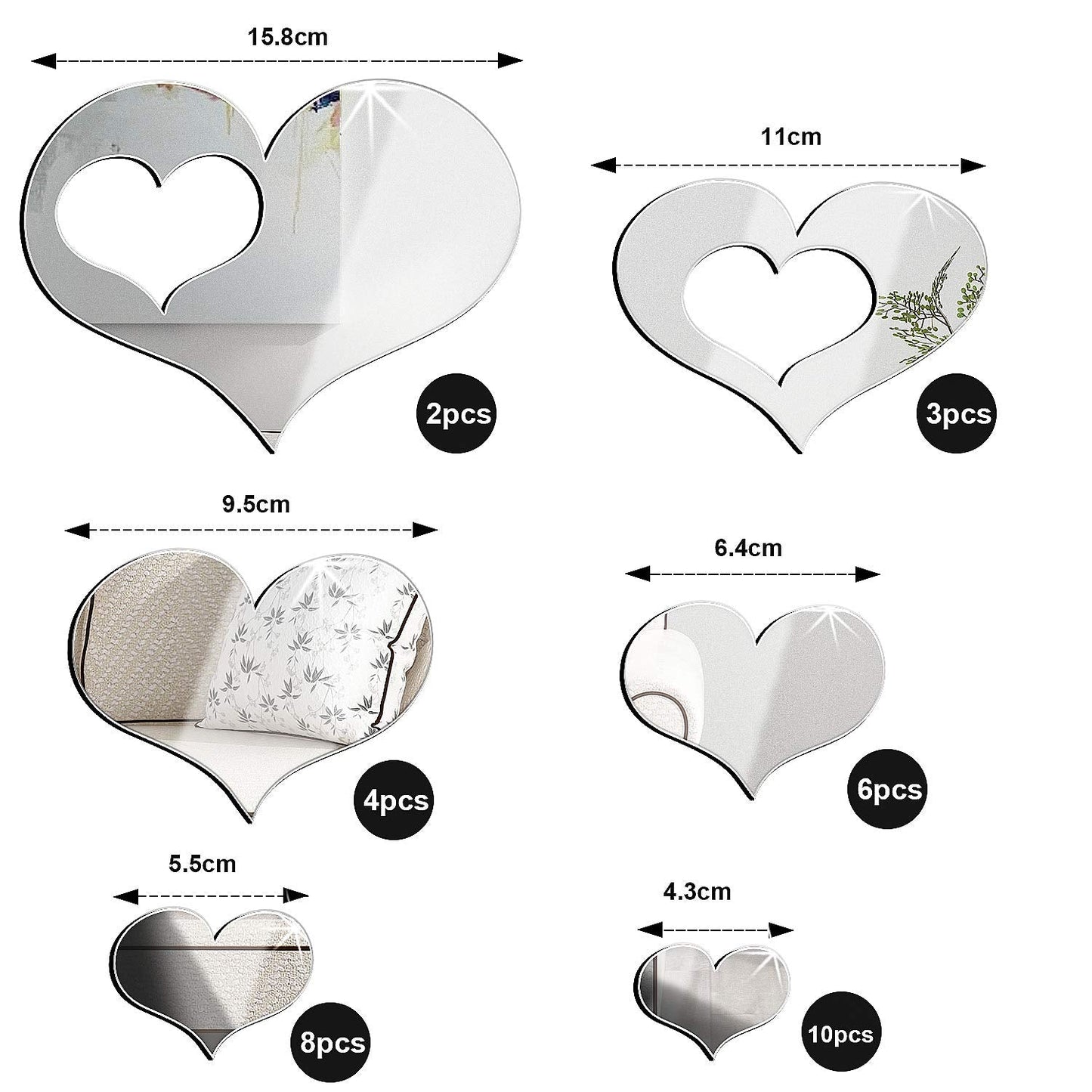 Shappy 33 Pcs Removable Acrylic Heart Mirror Wall Sticker Love Heart Mirror Tiles Decal for Home Bedroom Living Room Bathroom Kitchen Wedding Decor