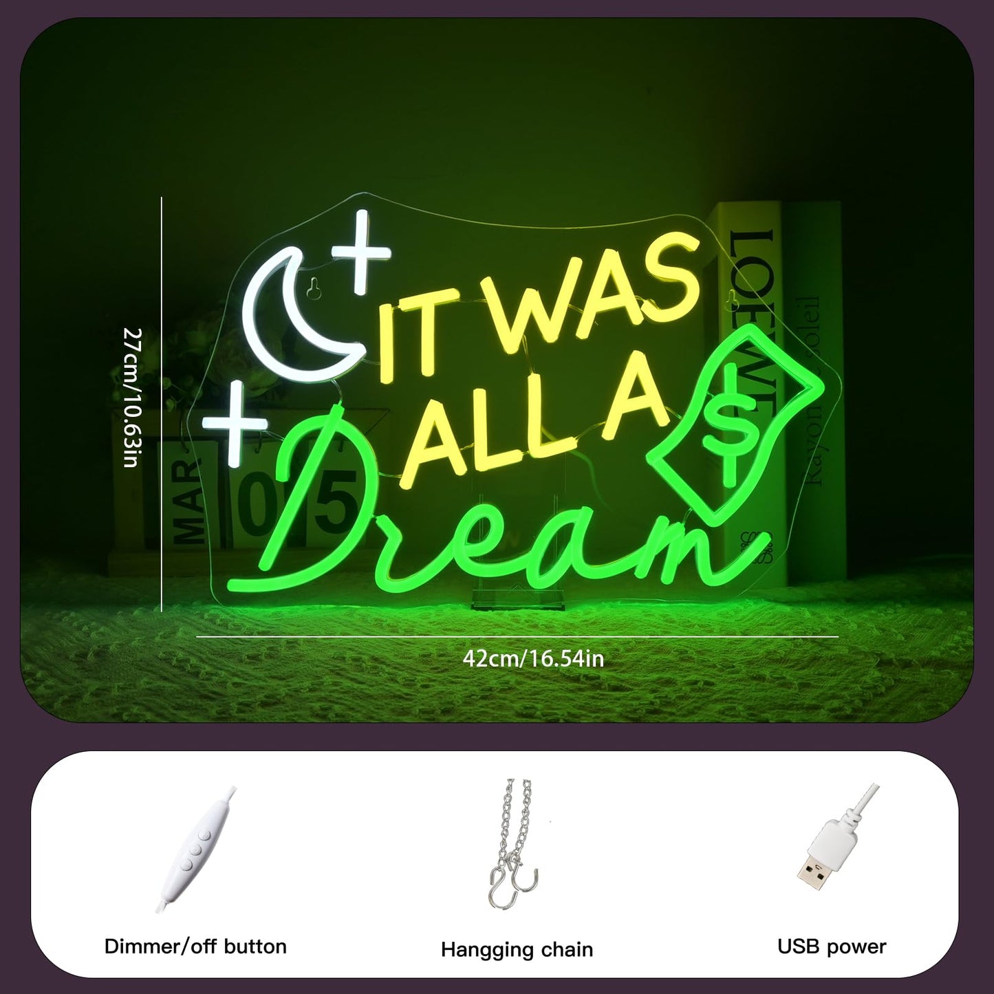 VVYXX It Was All a Dream Neon Sign Wall Decor Neon Light Bedroom Wall Decor Suitable for Classroom Book Party Library Decoration Reading Room Bookish Decor Gift