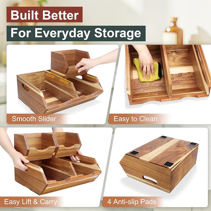 Acacia Wood Pantry Storage Bins, Stackable Potato and Onion Storage Bins for Kitchen Countertop, Set of 3 Wooden Pantry Organizer Baskets for Fruit, Vegetable, Snack