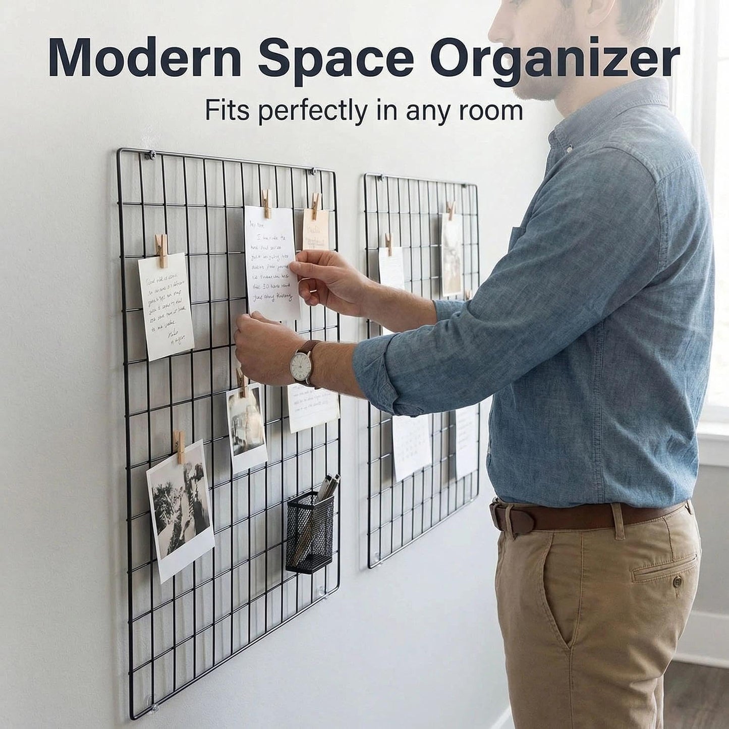 Kaforise Painted Wire Wall Grid Panel, Multifunction Photo Hanging Display and Wall Storage Organizer, Pack of 2, Size:23.6"x 23.6", Square Black