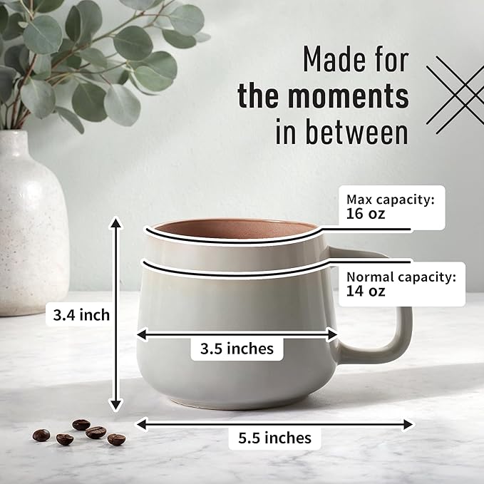 Ava Nord Large Ceramic Coffee Mugs Set of 4 | 16 oz Stoneware Coffee Cups | Lead-Free, Non-Toxic | Microwave and Dishwasher Safe | Comfortable Handle | Nordic Design for Tea, Cocoa, Latte | Sage Ash