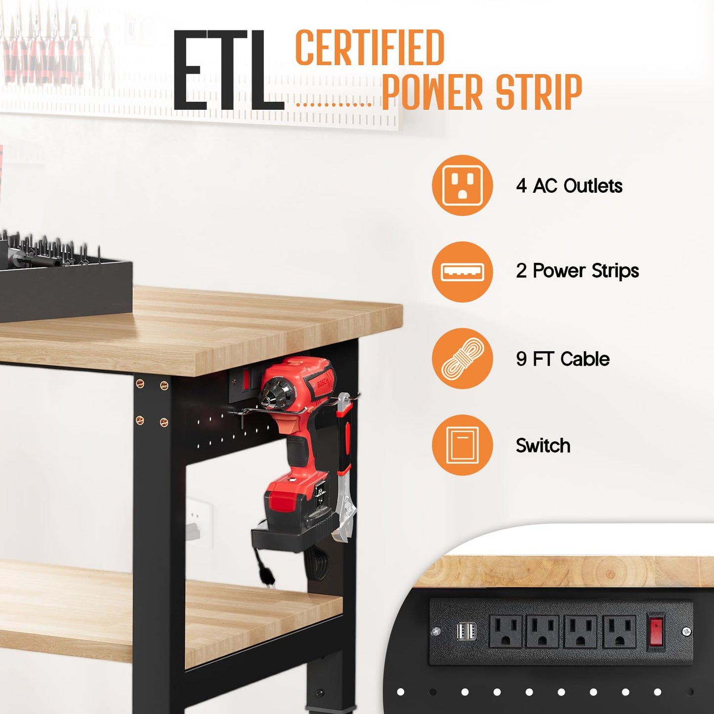 Albott 96" Adjustable 2-Tier Workbench with Solid Wood Top, Max 6000lbs Capacity, Built-in Power Strip with 4 AC Outlets & 2 USB Ports, Pegboard & 20 Hooks, Shop Garage Office