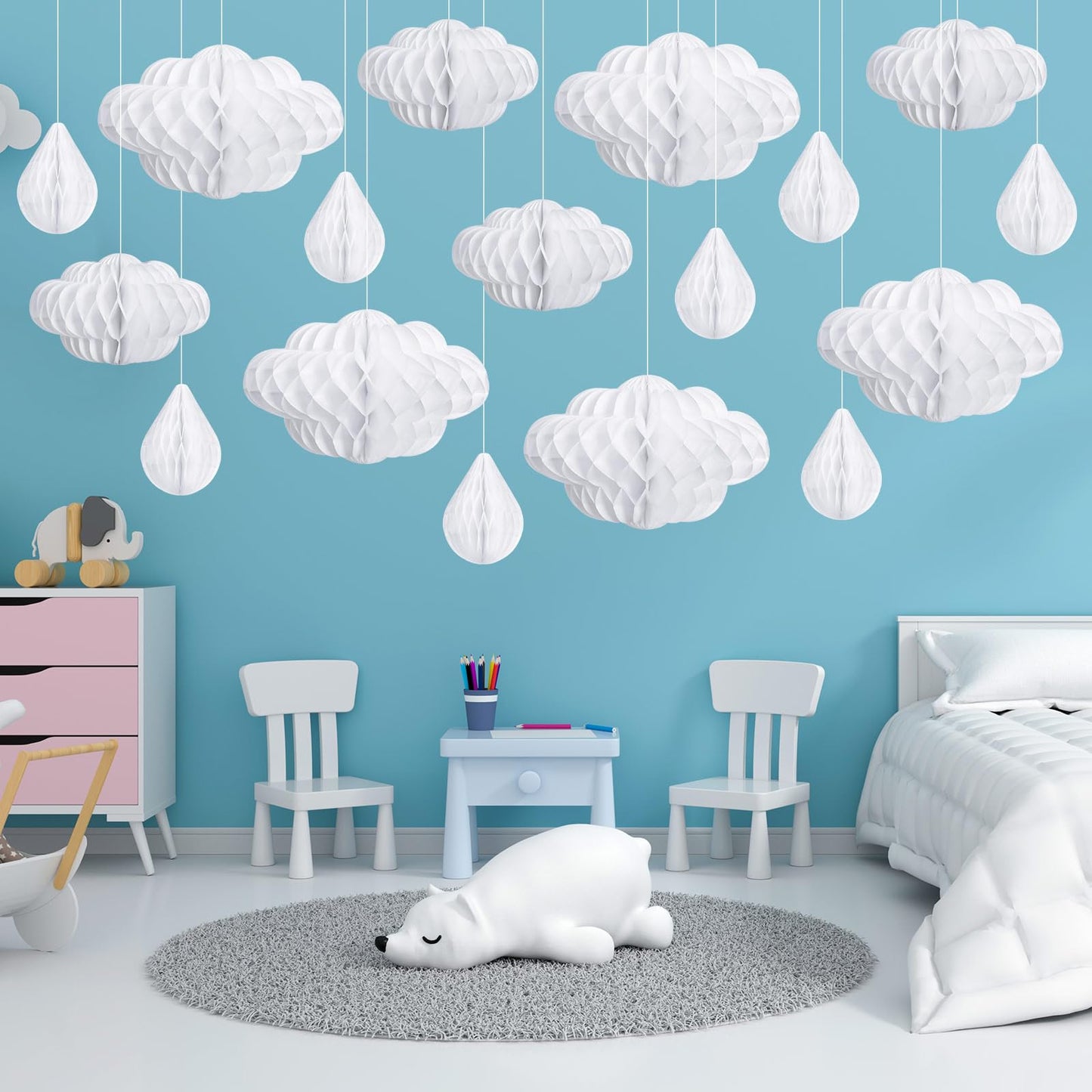 Affrolling 20 Pcs 3D Cloud Decorations Raindrop Decorations Hanging Honeycomb Decor Artificial Fake Cloud Ornaments for Ceiling Birthday Nursery Room Baby Shower Party Decor