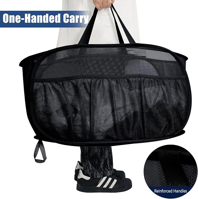 Collapsible Laundry Baskets, Upgrade Pop Up Laundry Hamper with Convenient Bags, Foldable Laundry Basket Mesh Light Weight, Easy to Carry Clothes Hampers for Laundry, Dorm, Toys, Travel Black