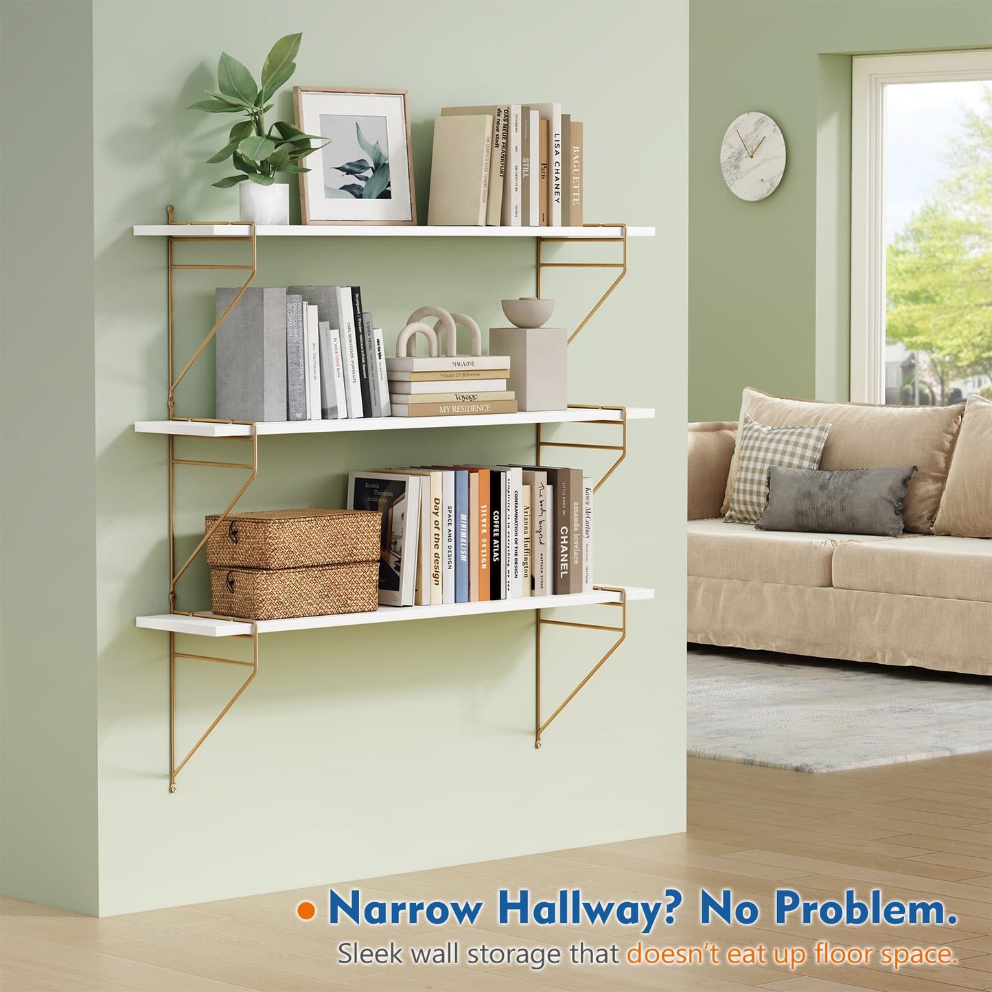 Harwaya White and Gold Floating Shelves 36 Inch Long, Wall Shelves for Bedroom Books, Modern Wall Hanging Bookshelf Unit for Living Room Office Kitchen Bathroom Decor - Set of 3
