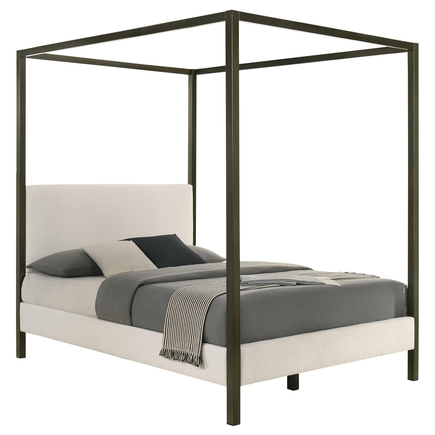Coaster Home Furnishings - Monroe - Wood - Upholstered Canopy Bed with Four-Post Metal Frame, Padded Headboard and Transitional Style - Bedroom - Queen Size - Vanilla - 300834Q