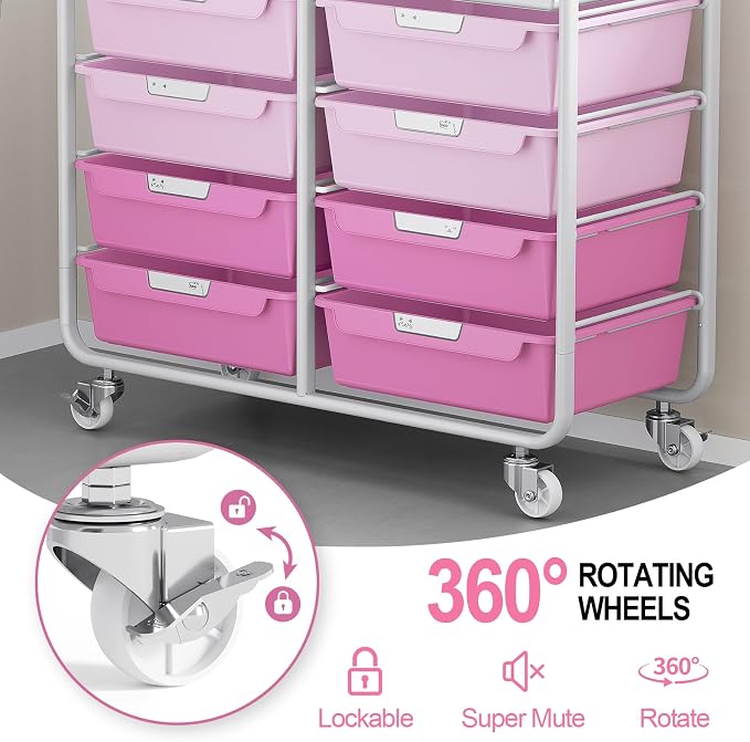 10 Drawers Rolling Cart with Wooden Tabletop, Utility Storage Cart with Wheels, Art Supply Craft Organizer on Wheel with Metal Frame & Handles for Home Office School,Pink