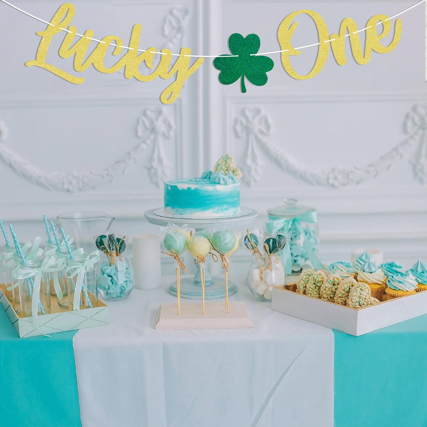 Lucky One Banner - Lucky Charm One Birthday Party Decor, St.Patrick's Day 1st Birthday Baby Shower Party Decoration Gold Glitter