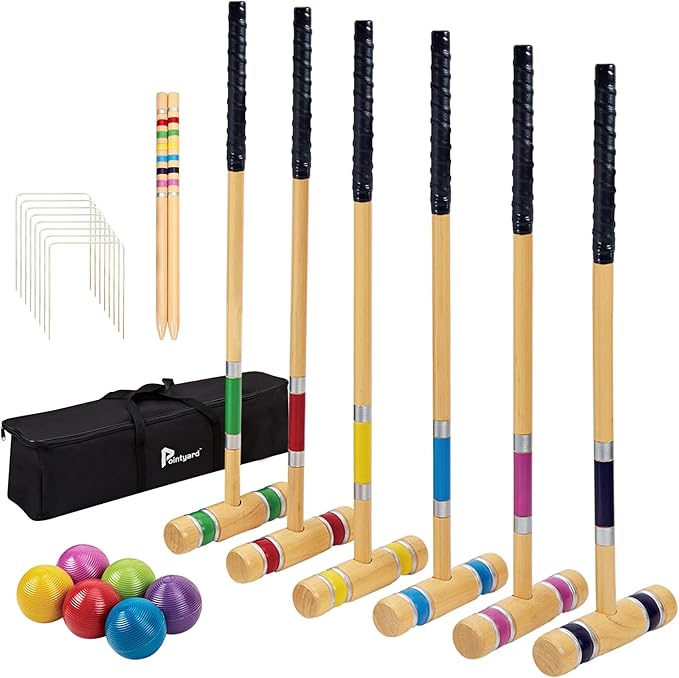 Pointyard 28" Croquet Set for 6 Players - Premium Wooden Mallets, Colored Balls & Carry Bag - Fun Games for Adults/Families/Kids at Backyard, Beach, Easy Setup in 1 Min,Anti-Slip Handle