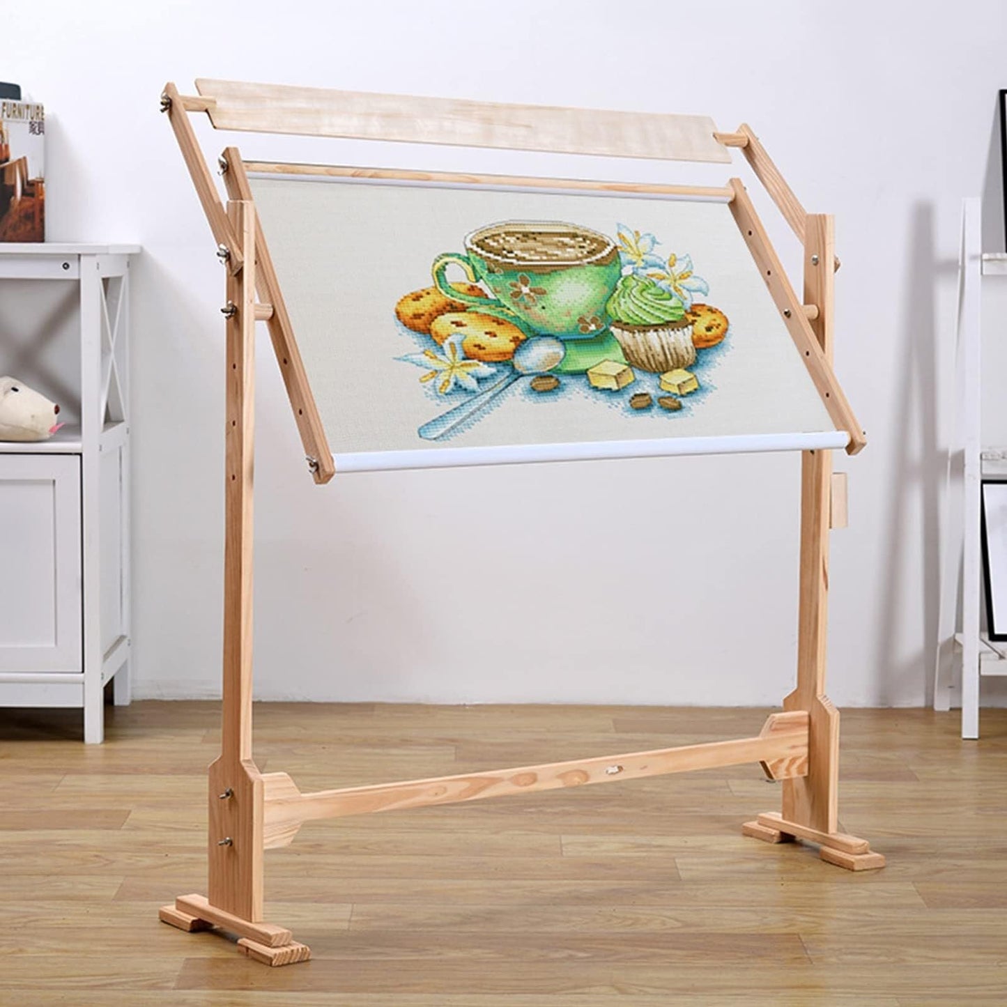 Adjustable Embroidery Stand, 360° Rotating Wooden Cross Stitch Floor Stand, PVC Tube Scroll Frame Holder