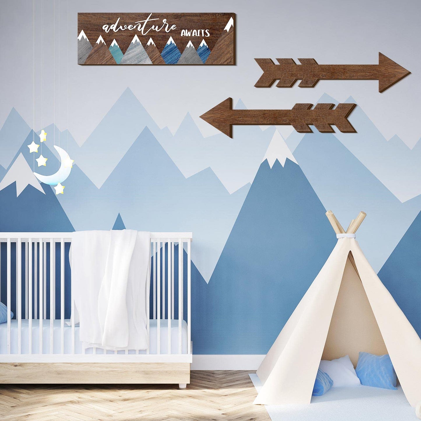 Yookeer 3 Pieces Adventure Awaits Wood Rustic Sign Wood Arrows Wall Decor Inspirational Wooden Decorative Rustic Home Wall Hanging Geometric Mountain Canvas Art for Home Office Room