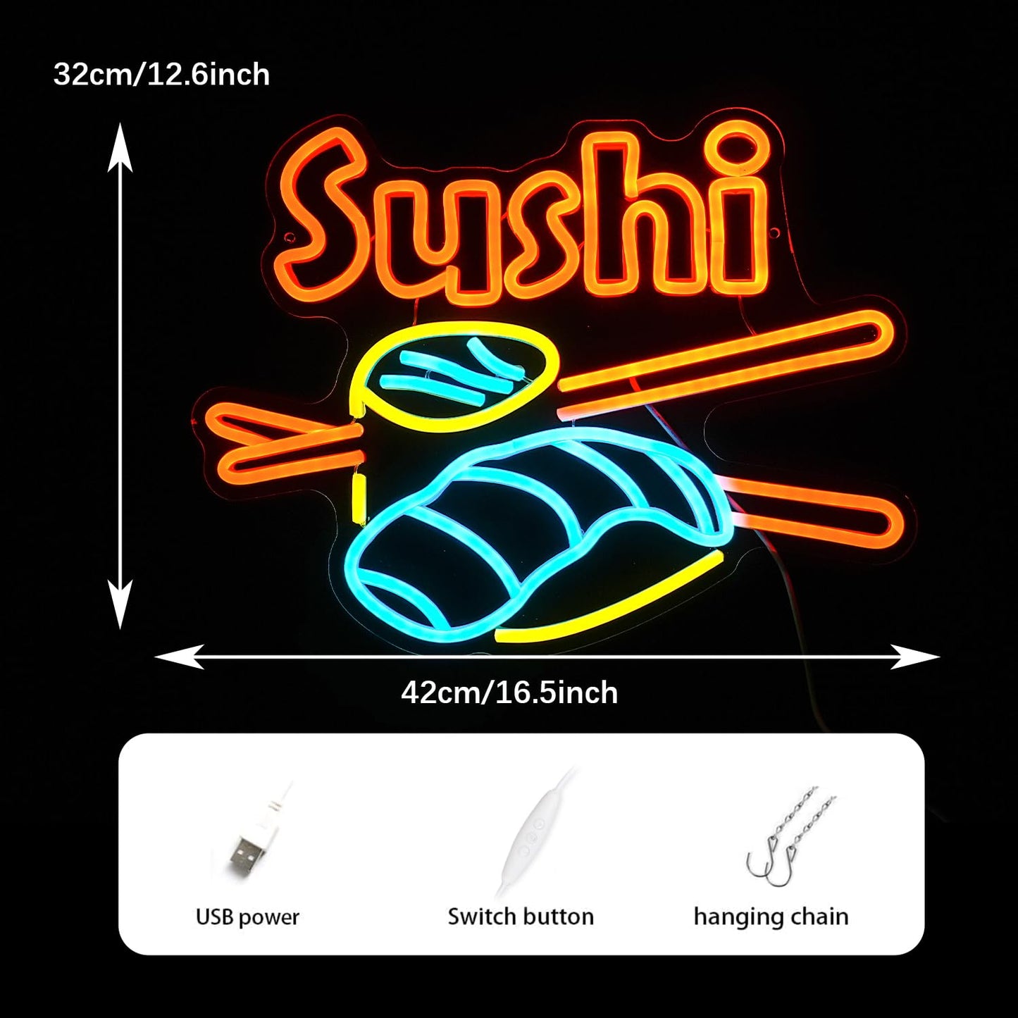 Dimmable Sushi Neon Sign 16.5 * 12.6 Inch LED Sushi Light Up Sign For Wall Decor USB Powered Japanese Neon Light for Sushi Shop Restaurant Home Kitchen Party （Yellow Ice Blue Orange）