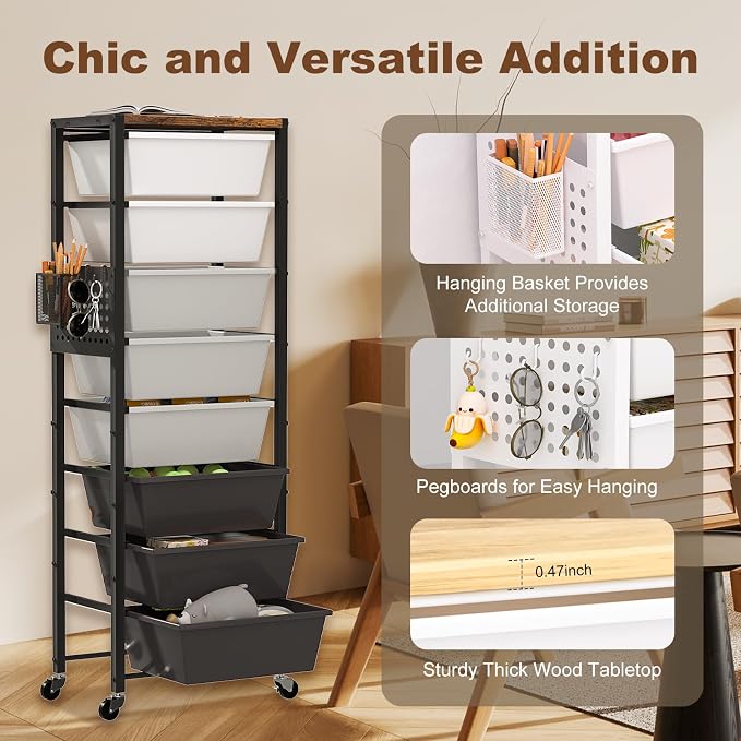 Rolling Cart with Drawers, Rolling Storage Cart with Large Plastic Drawers & Wooden Tabletop, Utility Cart with Pegboards & Basket, Storage Drawers Cart for Living Room, Classroom, Bedroom, Office