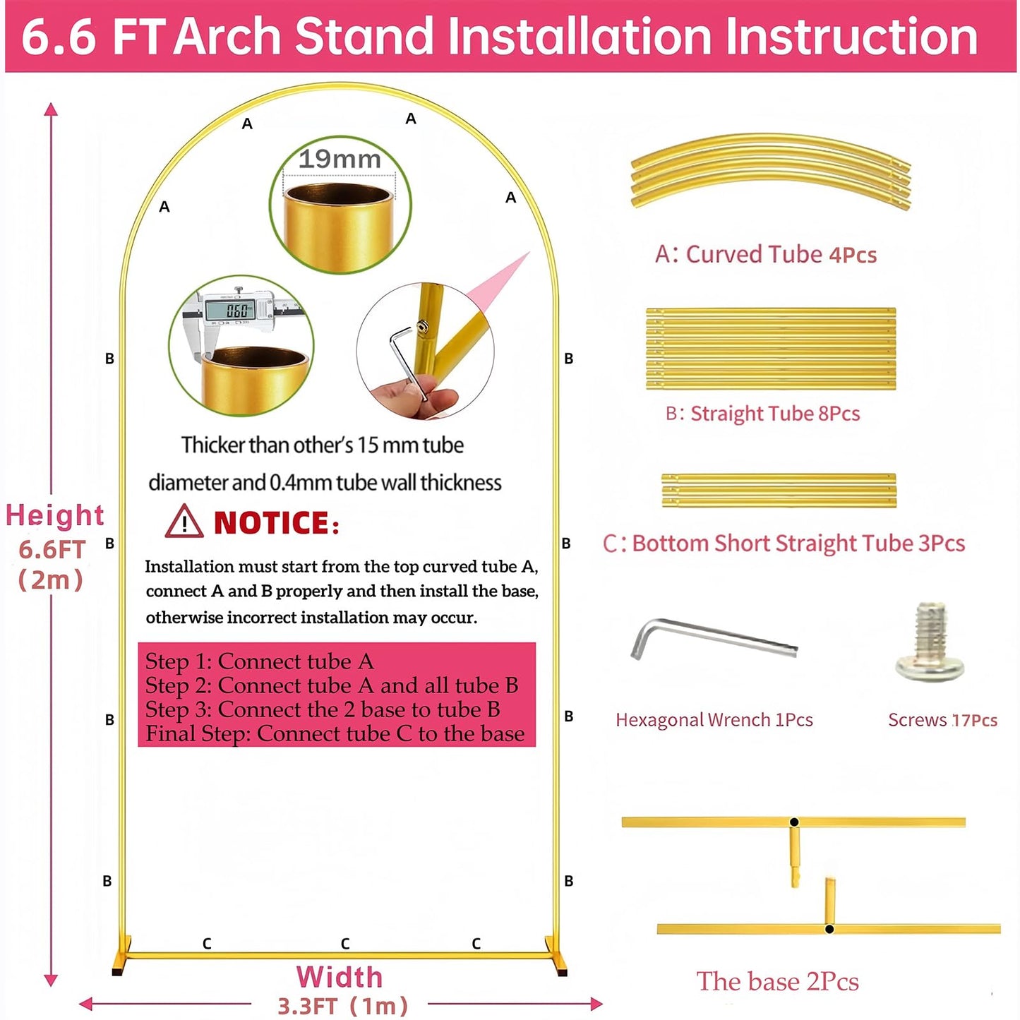 6.6FT Metal Wedding Arch Stand Gold Square Arched Backdrop Frame for Party Ceremony Valentines Day Birthday Bridal Baby Shower Garden Floral Balloon Arch Decoration