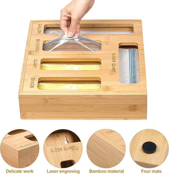DUJEN Plastic Bag Organizer for Drawer, Bamboo Food Storage Bags Container Organizer with Slider, Baggie Bags Storage for Drawer Compatible with Gallon, Sandwich Variety Size Bags