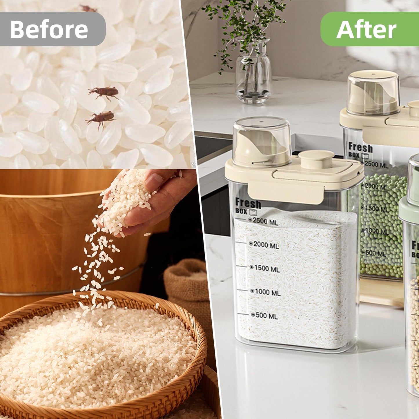 KTBLVFN Airtight Rice Storage Container,with Pour Spout & Measuring Cup, BPA-Free - Transparent Dry Food Canister for Cereal, Flour, Pet Food, Oatmeal, Pantry Storage (Light Grass Green, 1600ml)