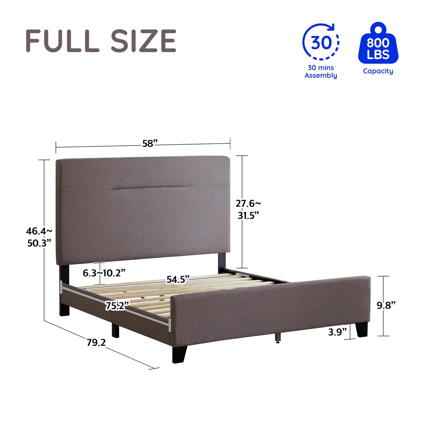 Livinia Amelia Full Size Platform Bed, Fabric Upholstered Full Bed Frame with Height Adjustable Headboard Footboard, Strong Wood Slats, No Box Spring Needed, Brown