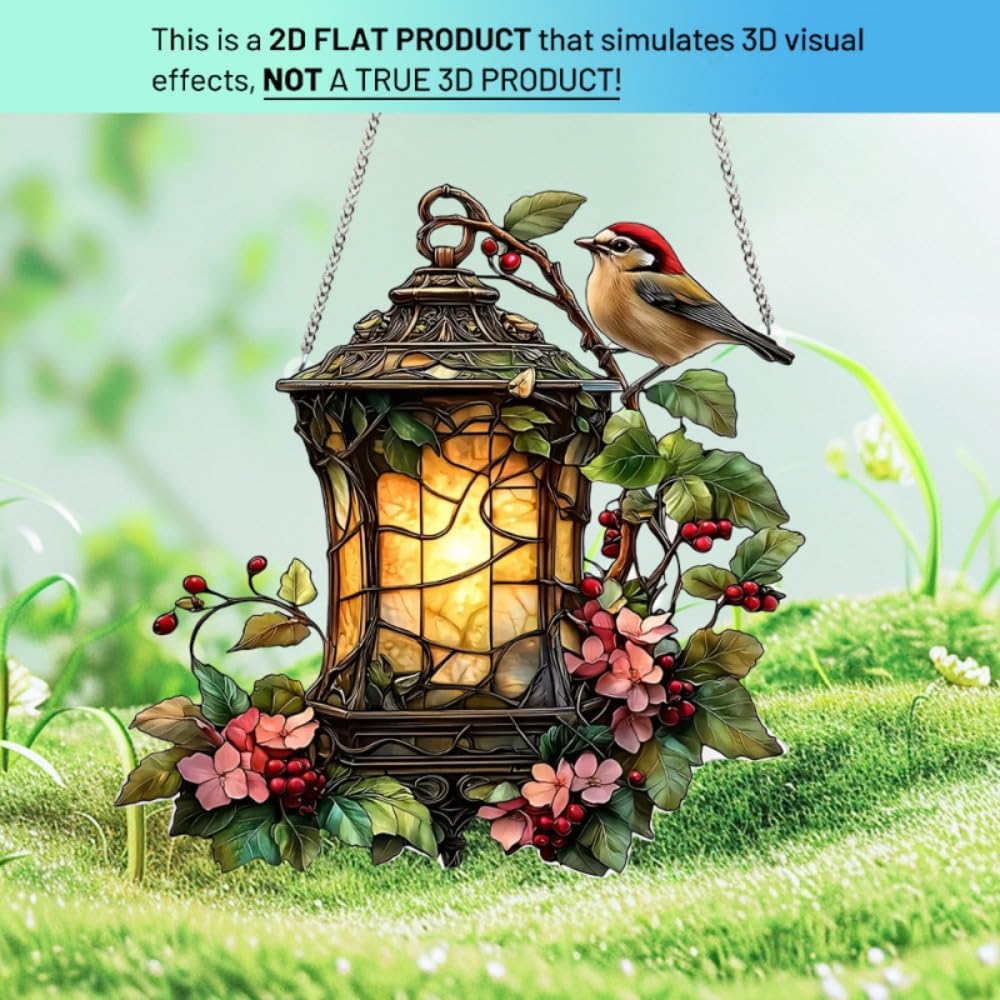 1PC Lantern with Bird and Flowers Acrylic Hanging, 7.08 inch Window Decor with Printed Stained Glass Style Design, Rainbow Maker Wall Art, Gift Idea & Garden Ornament Indoor Outdoor Use/YX-13