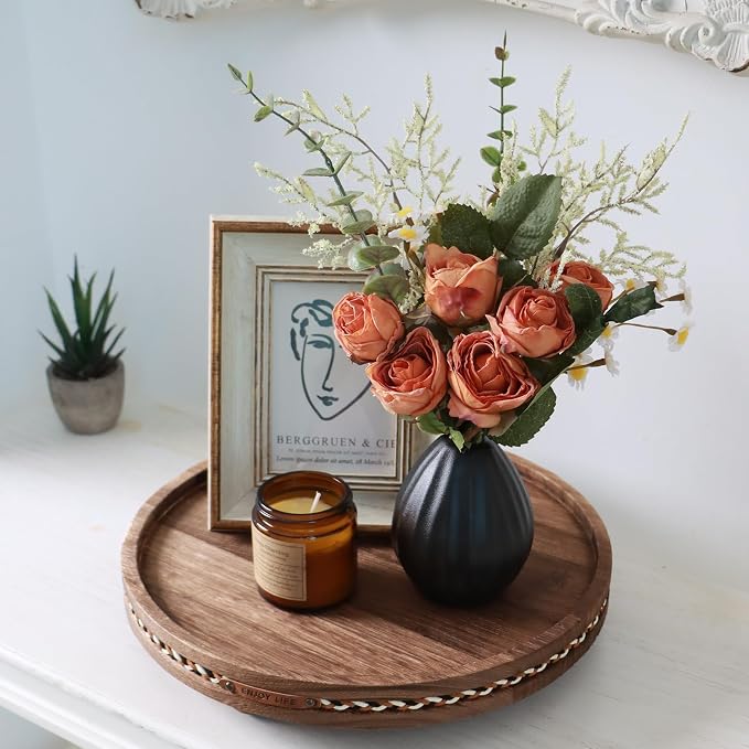 Farmhouse Decorative Round Tray, 11.81 Inch, Versatile Centerpiece Tray for Coffee Table Kitchen Living Room Bathroom, Home Decor Accent Rustic + Stripes