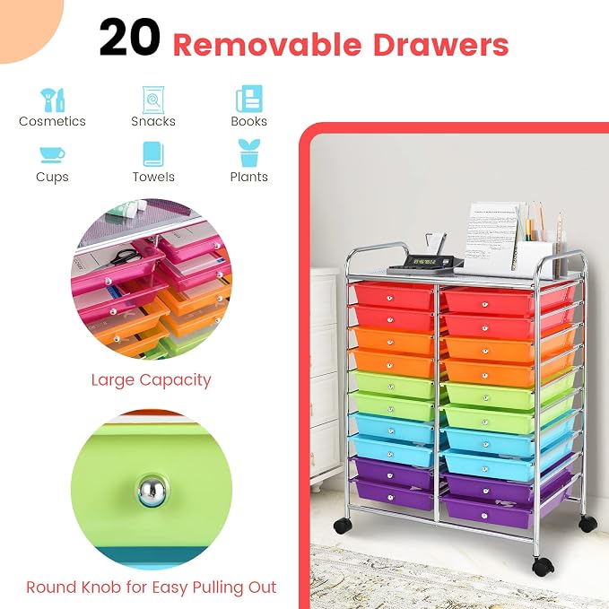 COSTWAY 20-Drawer Rolling Storage Cart, Utility Storage Organizer Cart for Tools, Scrapbook, Paper, Craft, Multipurpose Storage Trolley on Wheels for Home Office School (Multicolor)