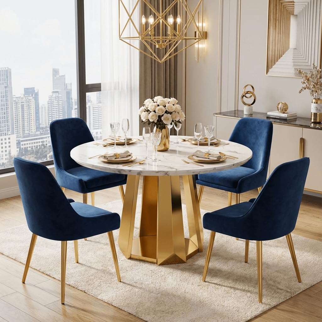 Glyph Form Round Faux Marble 47" Dining Table for 4-6, Luxury Gold Kitchen Table with Stainless Steel Base, Easy to Clean & Heavy Duty Modern Dining Room Table for Home Office, White, MDF(Table Only)