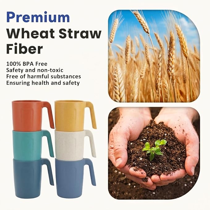 Homienly Wheat Straw Coffee Mugs, Alternative to Plastic Coffee Cups, Set of 6, Unbreakable Camping Coffee Mugs, 16 OZ Cups for Tea, Coffee, Milk, Dishwasher and Microwave Safe Kids Mug, Multi