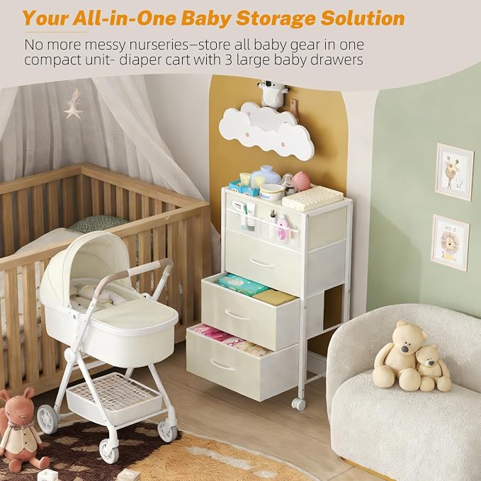4-Tier Baby Diaper Caddy Organizer Cart with 3 Storage Drawers, Rolling Cart with Dividers & Side Pockets for Nursery, Baby Essentials, Toys, Wipes & Creams, Portable Kids Storage Cart & Station