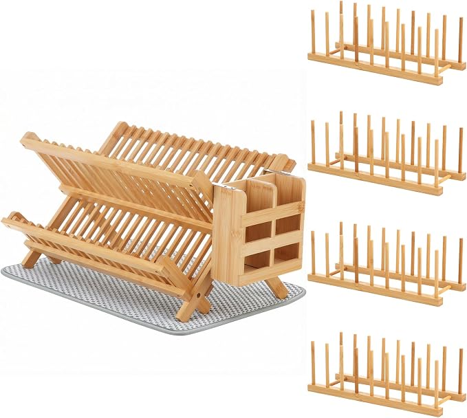 6 Pcs Plate Organizer Set for Cabinet 2 Tier Bamboo Collapsible Dish Rack with Utensil Holder Plate Holder and Mat for Kitchen Organizer Cabinet Pot Lid, Bowl, Cup, Chopsticks, Utensils