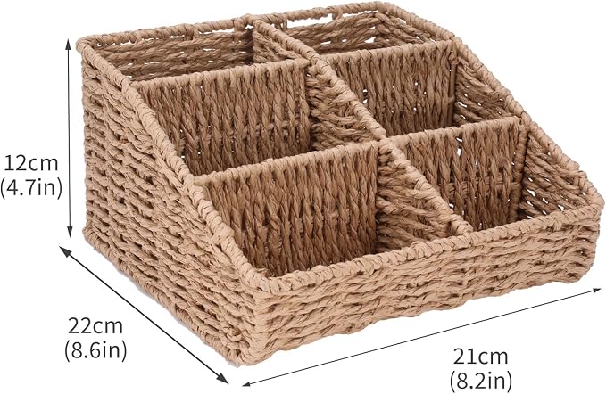 Makeup Organizer, Hand-woven Wicker Basket for Dresser Vanity and Bathroom Countertop, 6 Compartment Skincare Organizer Cosmetic Display Case, Beauty Holder for Lipstick Brush Eyeshadow Palette