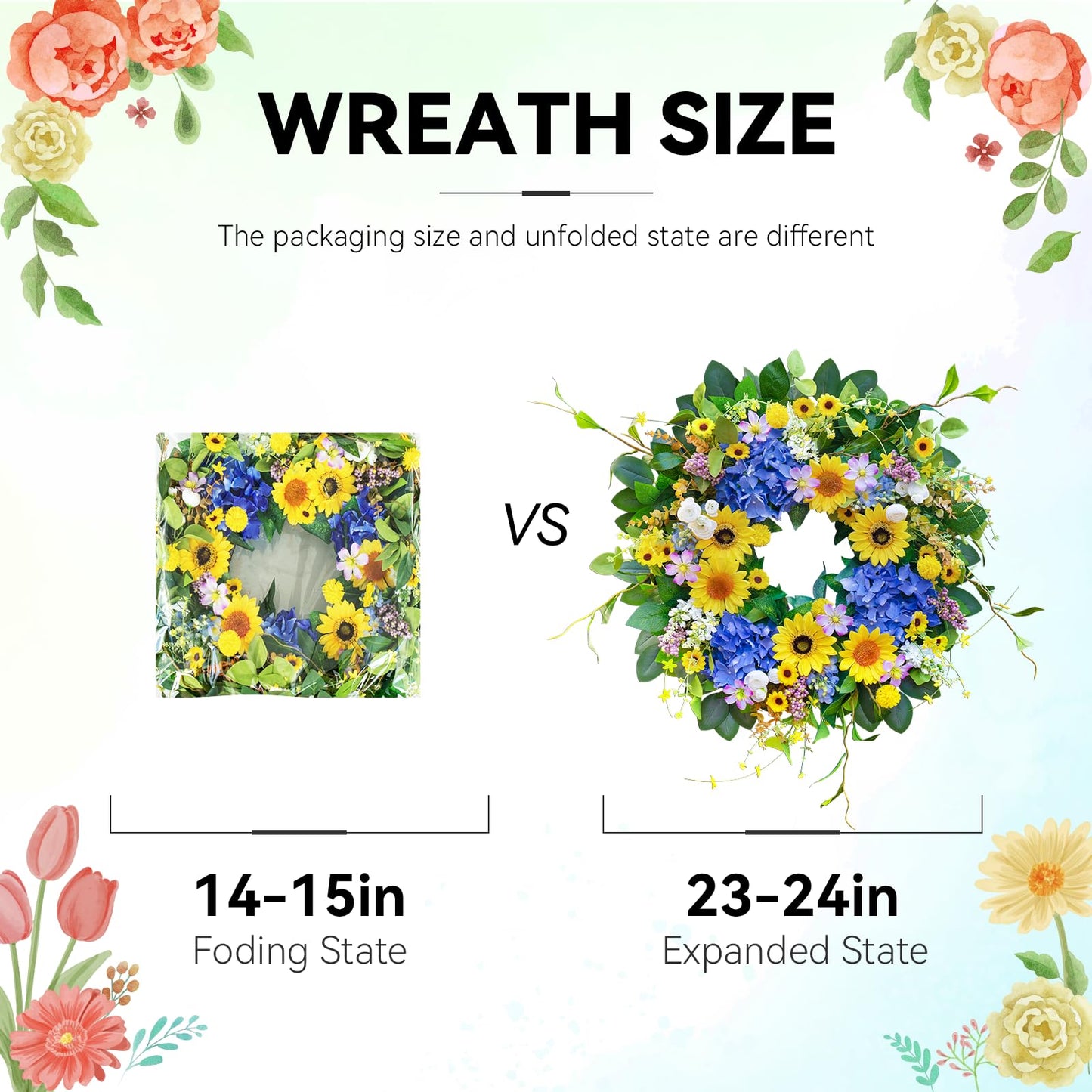 Pinkpuii Spring Wreaths for Front Door Outside- 24 Inch Spring Summer Wreath with Sunflowers,Lifelike Blue Hydrangea Flower Wreath for Indoor Outdoor Mantel,Window,Wall,Home Firplace Hanging Decor