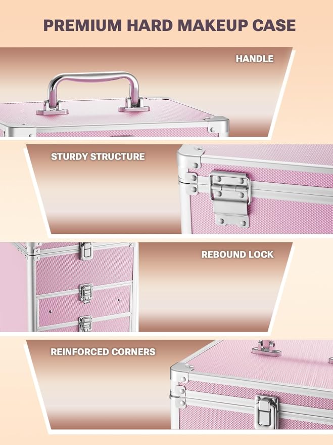 Qislee Makeup Box with Double Drawers and A Detachable Lighted Mirror, Waterproof Travel Train Case, Cosmetic Organizer and Makeup Suitcase with Adjustable Dividers, Magnetic LED Mirror (ICY Pink)