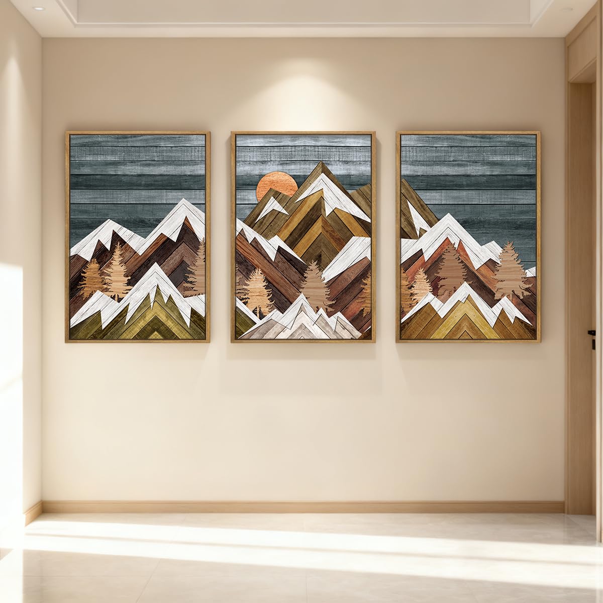 BINCUE Extra Large Mountain Wall Art Farmhouse Mountain Wall Decor Large Landscape Artwork 24x36 Inches Set of 3 Framed Rustic Painting Boho Mountains Artwork for Living Room Bedroom Office