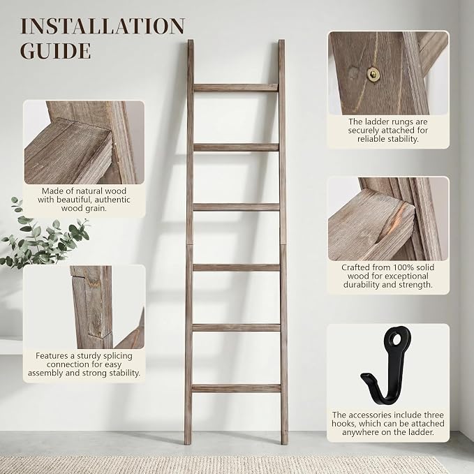 Wooden Blanket Ladder - Natural & Motley Wood - Leaning Wall Decor for Bedroom, Bathroom, Living Room - Rustic Quilt Holder & Towel Rack (Burnt Brown, 76in（6-Tier）)