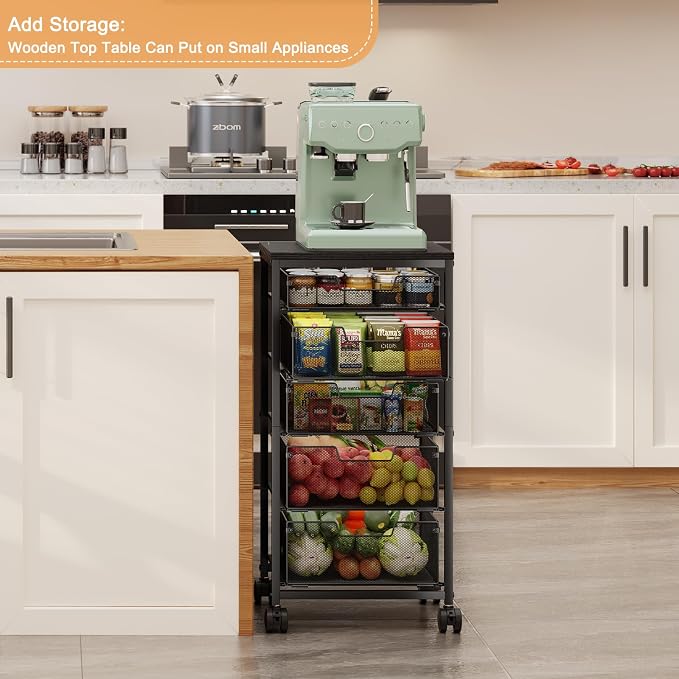 Kitchen Storage Cart with Drawer, 5-Tier Fruit Vegetable Storage Cart, Kitchen Organizer and Storage Cart with Wheels, Wooden Top Metal Wire Pantry Storage Cart rack for Fruit Snack Onion Potato