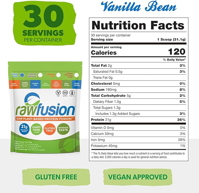 Rawfusion Vegan Protein Powder, Vanilla Bean ??30 Servings, 21g Plant-Based Protein, Low Net Carbs, Non-Dairy, Gluten-Free, Soy-Free, Kosher, Non-GMO, 2.06lbs