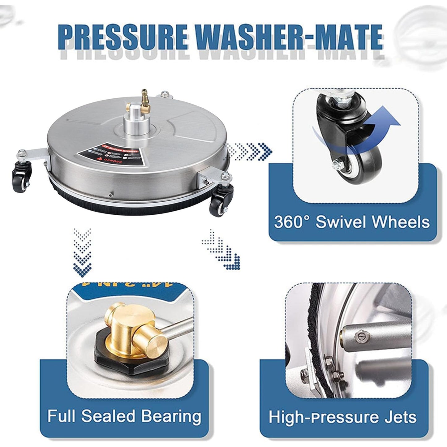 TRELVEX 15" Pressure Washer Surface Cleaner with Wheels Stainless Steel Power Washer Attachments Quick Connector Power Washer Surface Cleaner for Driveways, Sidewalks,Patio Stainless Steel