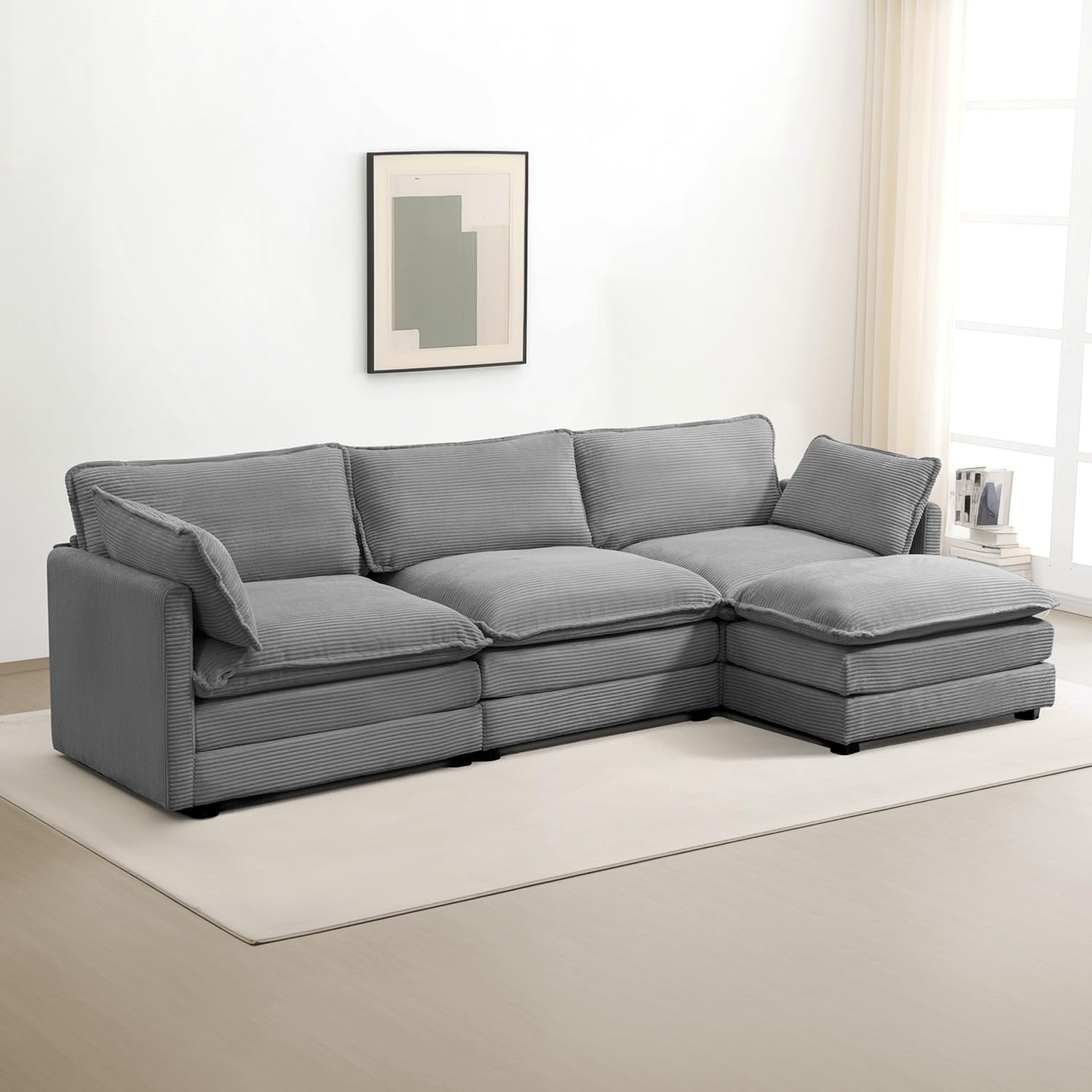 ROWHY 112'' Modular Sectional Cloud Couch with Movable Ottoman, 4 Seat Modern Corduroy Sofa with 2 Throw Pillows, Comfy Deep Seat L Shaped Couches for Living Room Bedroom Apartment, Dark Grey