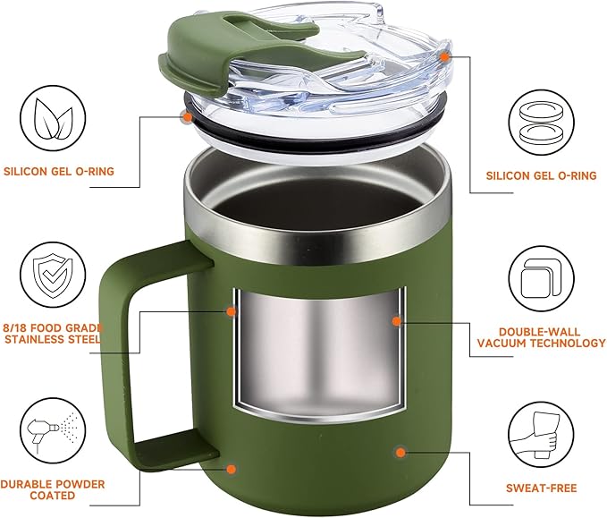 12oz Insulated Coffee Mug Cup with Handle, Stainless Steel Travel Coffee Mug with Flip Lid, Double Wall Vacuum Coffee Tumbler, ArmyGreen