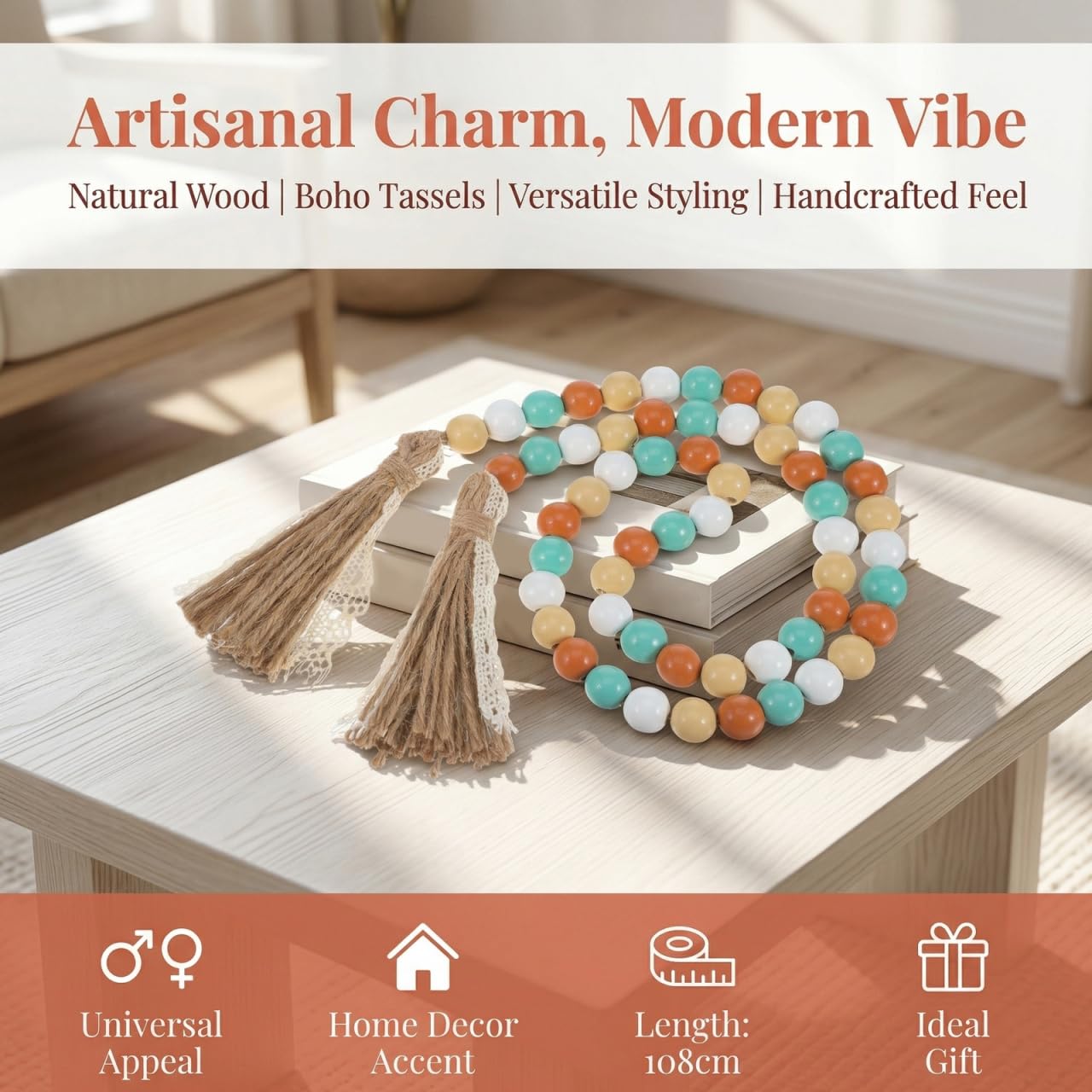TOPPERFUN Wood Beads Garland with Tassels, 42.4in Farmhouse Rustic Style Colorful Wood Beads String, Large Antique Wooden Prayer, Boho Home Festival Decor Garland Rosary Rope