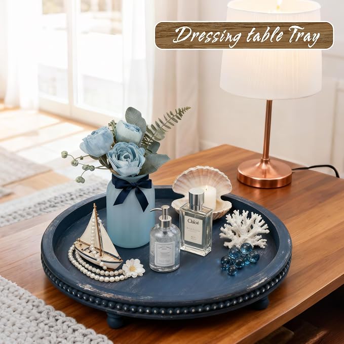 Handmade 12 Inch Decorative Tray, Small Beaded Tray Coffee Table Decor, Blue Decorative Display Risers for Coffee Table, Dining Room Entryway and Living Room