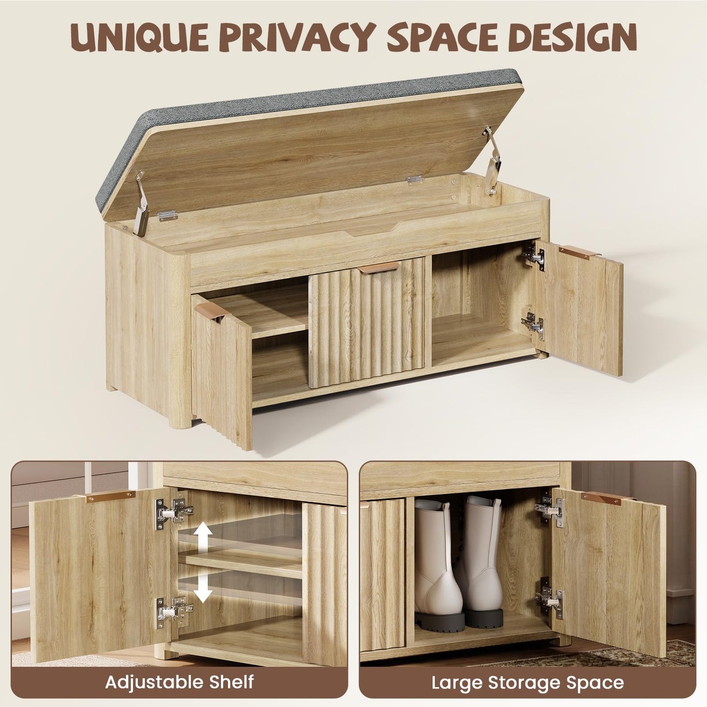 LOOMORA Shoe Bench with Storage - Lift Top Entryway Bench with Hidden Storage, Shoe Rack with Adjustable Shelves and Cushioned Seat, Wooden End of Bed Bench for Bedroom, Living Room and Hallway,Nature