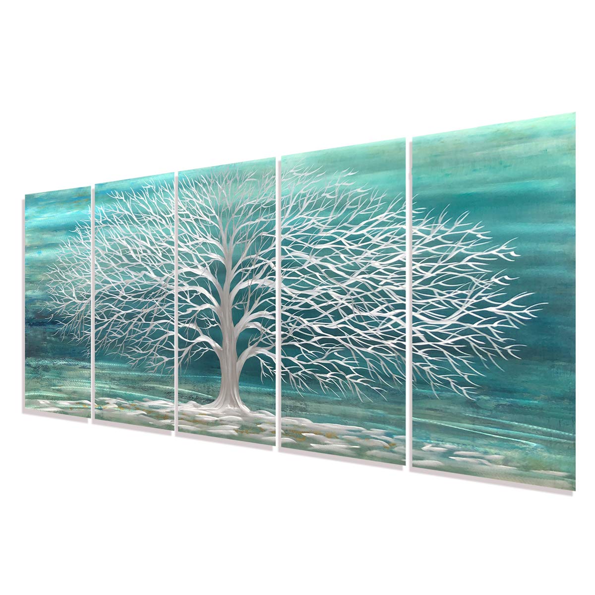 RICHSPACE ARTS Blue Green Metal Wall Art Silver Tree of Life 3d Artwork Extra Large Teal Sculpture Decor on Aluminum for Bedroom Living Room Kitchen Room Dining Room Walls Set of 5 Panels