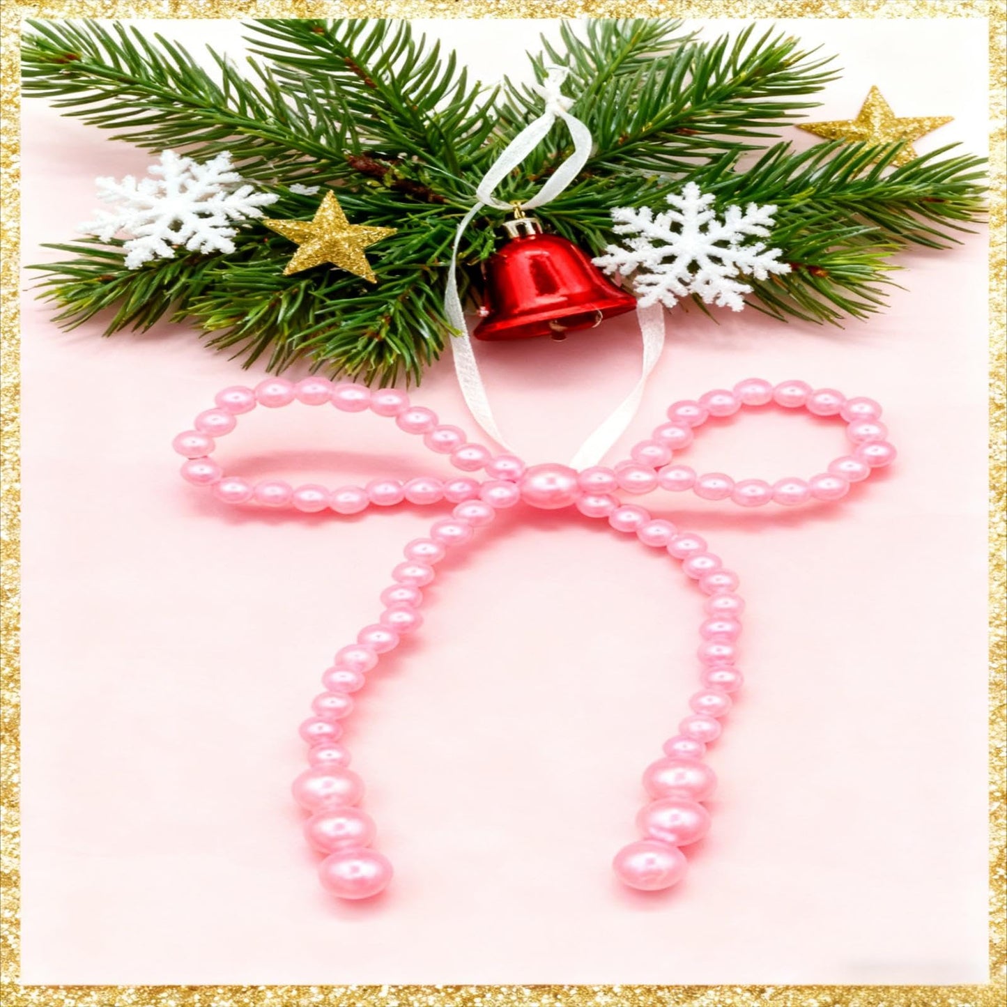 12 Pcs Pearl Bow Christmas Ornaments Pink Bowknot Tree Topper Decor Xmas Hanging Ornament Pendant Decoration