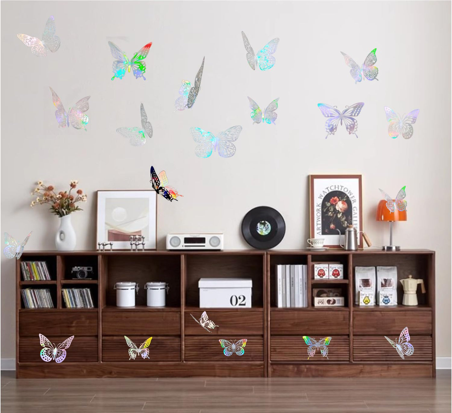 JOSDIOX 3D Laser Sivery Butterfly Wall Stickers - 48 Pcs with 4 Styles & 3 Sizes, Removable Decor for Party Birthday Wedding Cake Balloon Decoration (48 Laser Sivery)
