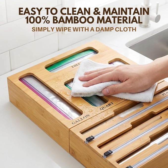 9 in 1 Bamboo Kitchen Drawer Organizer for Storage Bags, Foil & Plastic Wrap Holder with Built-In Cutter, Fits Gallon, Quart, Sandwich, and Snack