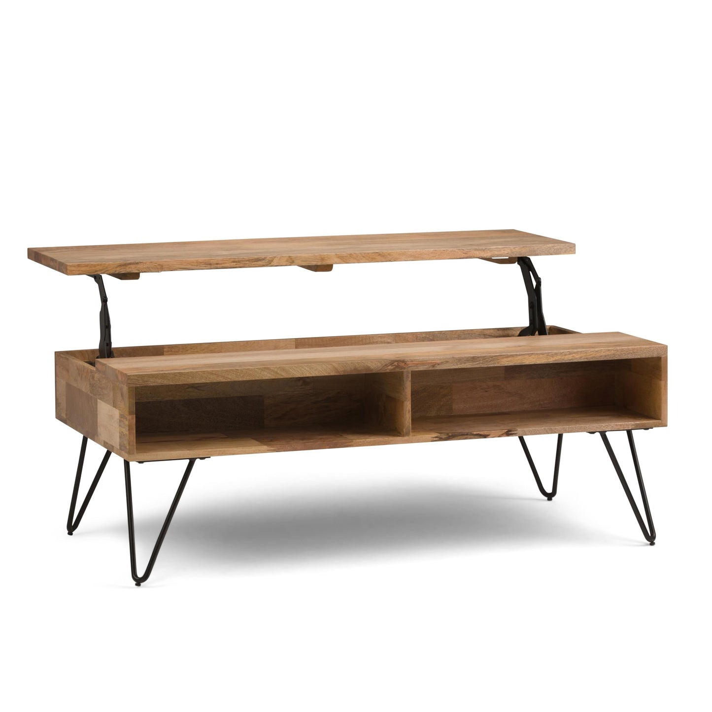 SIMPLIHOME Hunter Lift Top Coffee Table - 48 inch Wide Solid Mango Wood and Metal Industrial Cocktail Table in Natural, Functional Living Room Table with 2 Storage Cubbies and Hairpin Legs