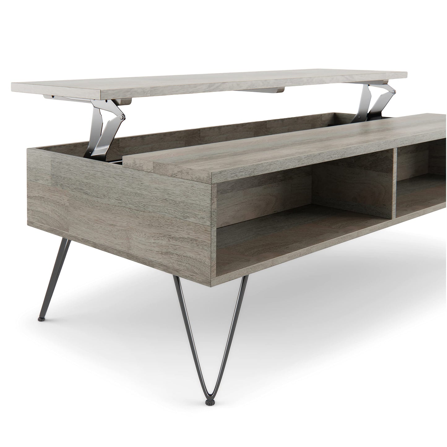 SIMPLIHOME Hunter SOLID MANGO WOOD and Metal 48 inch Wide Rectangle Industrial Lift Top Coffee Table in Grey for the Living Room and Family Room