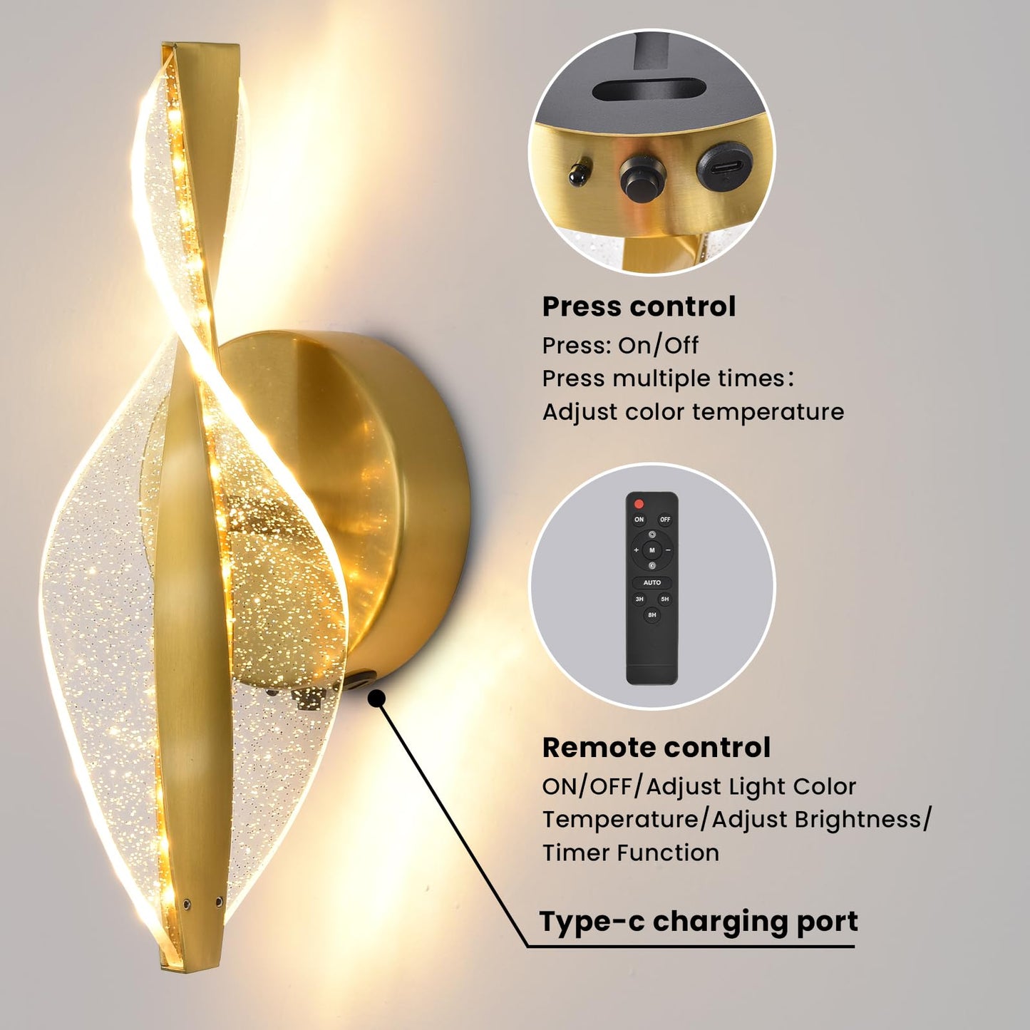 Giawosth LED Wall Sconces Set of Two Battery Operated, 5000mAh USB Rechargeable Gold Acrylic Wall Lights with Remote, Dimmable Wireless Wall Lamp for Living Room, Bedroom, Hallway,11.8 Inch