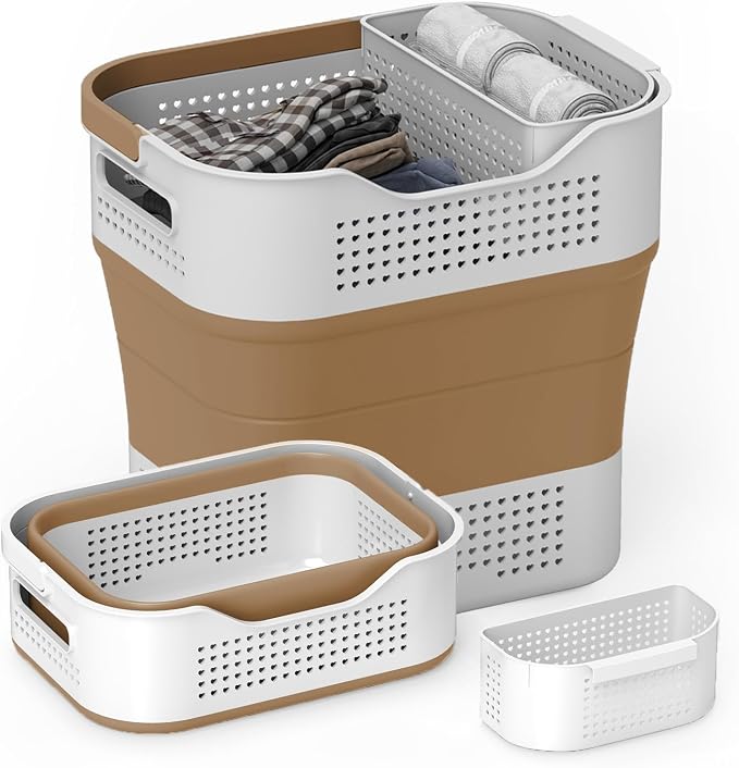 TECHMILLY Collapsible Plastic Laundry Basket Hamper with Handles, 35L Portable Rubber Clothes Basket, Pop Up Storage Container/Organizer with Hanging basket for Washing & Storage, Brown