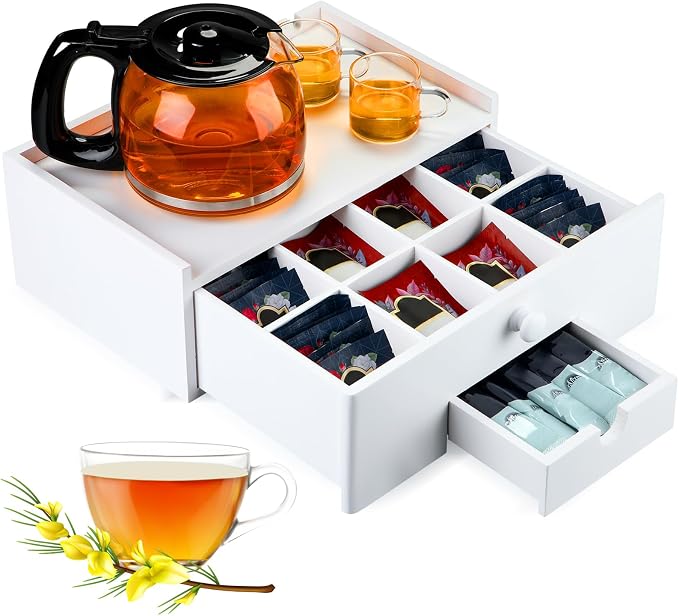 Cinnvoice Tea Bag Organizer Wood Tea Organizer Storage Box 8 Compartments Container Holder with Lid to Storage and Keep Fresh(White)
